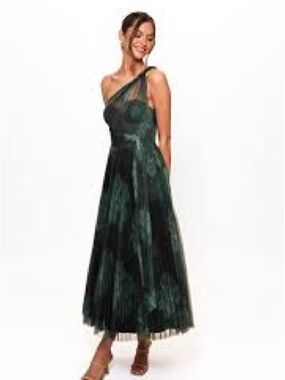 Hutch One-Shoulder Dark Emerald Green Pleated Midi Dress